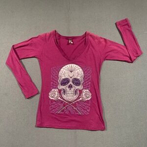 Y2K Hot Leathers Womens L Skull Rose Graphic T Shirt Long Sleeve V Neck Pink *